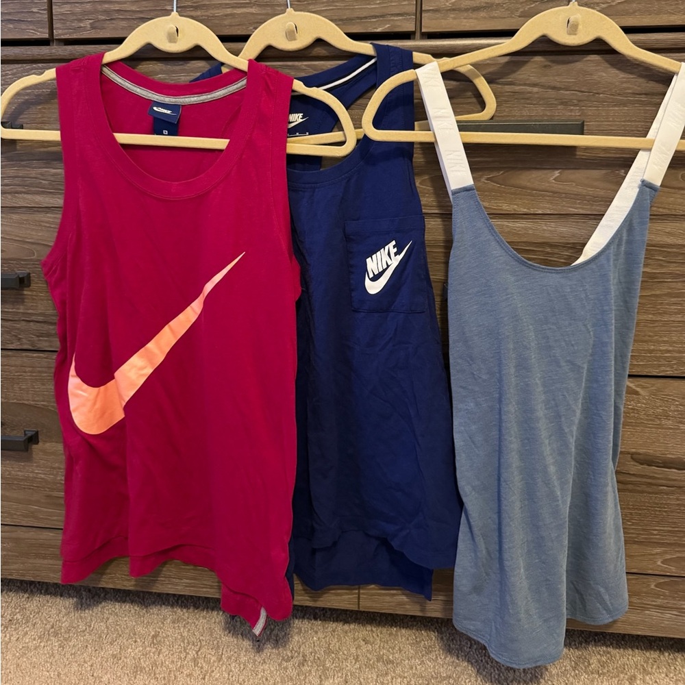 Nike Women’s Tank Top Trio Bundle - Fuchsia (S), Blue (M), and Light Blue (M)